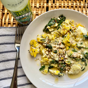 Spinach and Feta Eggs with Creamy Roasted Jalapeño Sauce