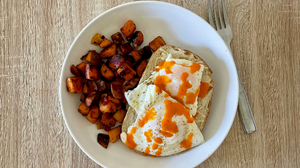 Creamy Garlic Red Pepper Eggs & Sweet Potato Hash