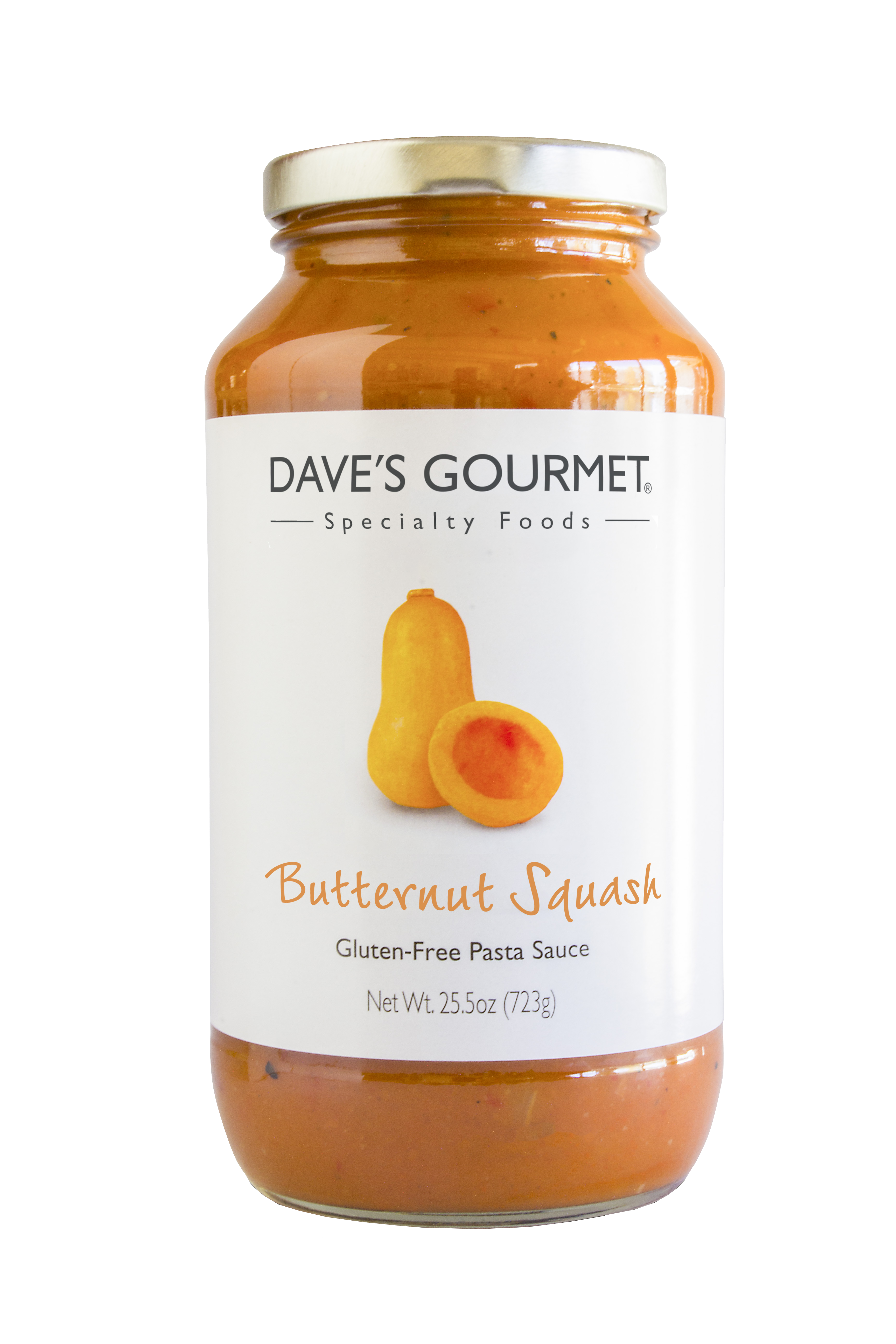 A jar of Dave's Gourmet Butternut Squash Pasta Sauce Net wt. 25.5 oz