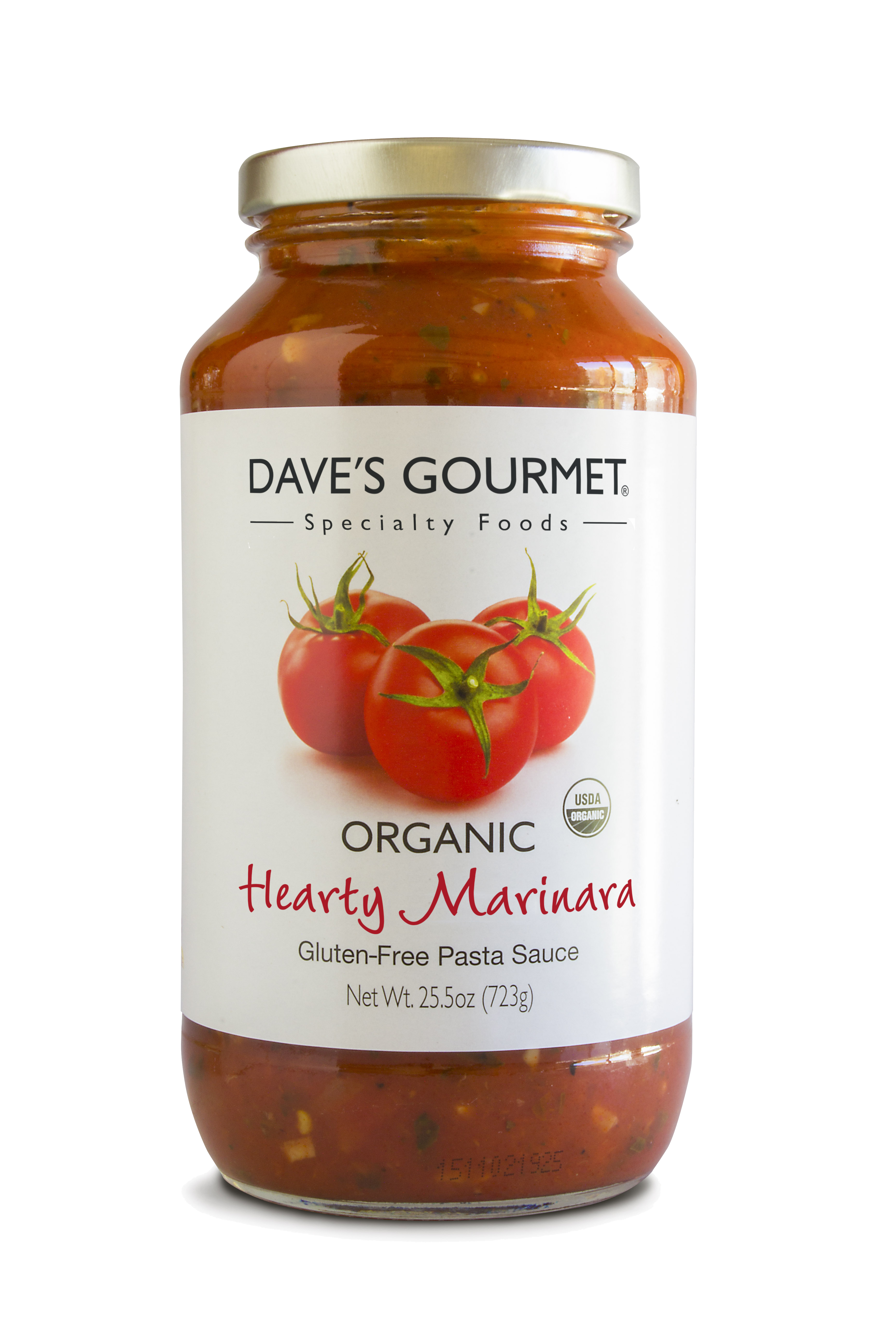 A jar of Dave's Gourmet Heart Marinara Organic Pasta Sauce Net Weight 25.5 oz