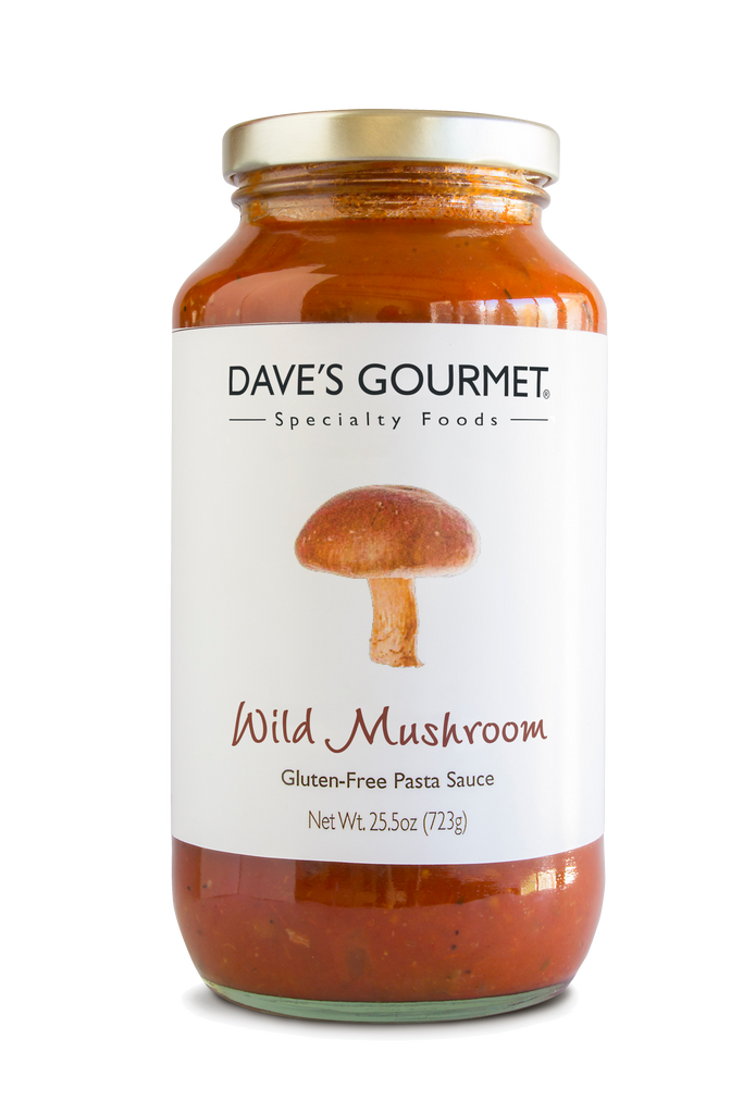 A jar of Dave's Gourmet Wild Mushroom Pasta sauce net weight 25.5 oz