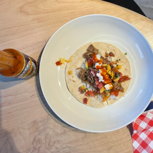 BYO Tacos with cilantro rice and mango peach salsa 