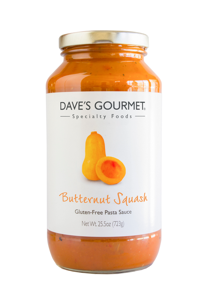 A jar of Dave's Gourmet Butternut Squash Pasta Sauce Net wt. 25.5 oz