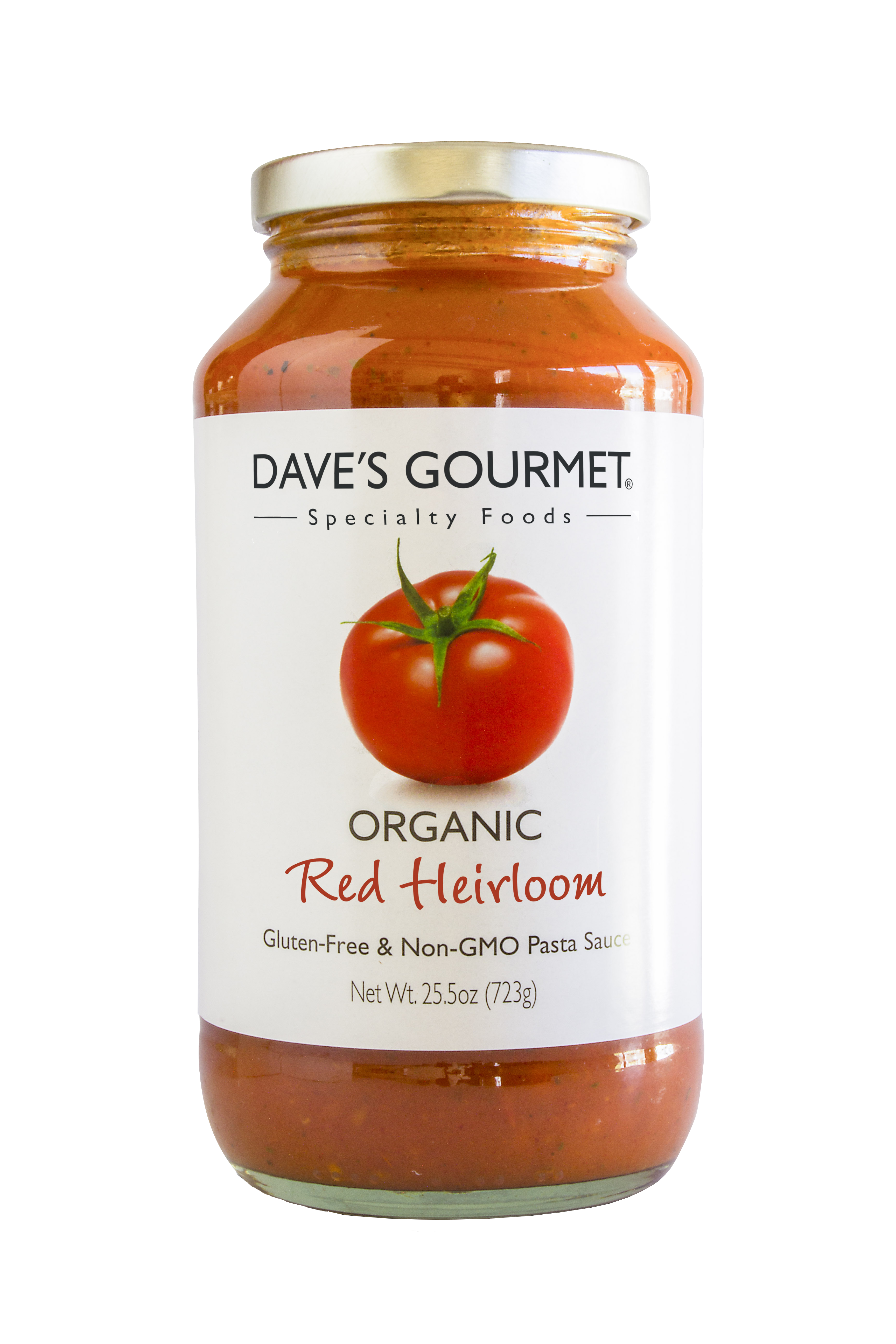 A jar of Dave's Gourmet Red Heirloom Organic Pasta Sauce Net weight 25.5 oz