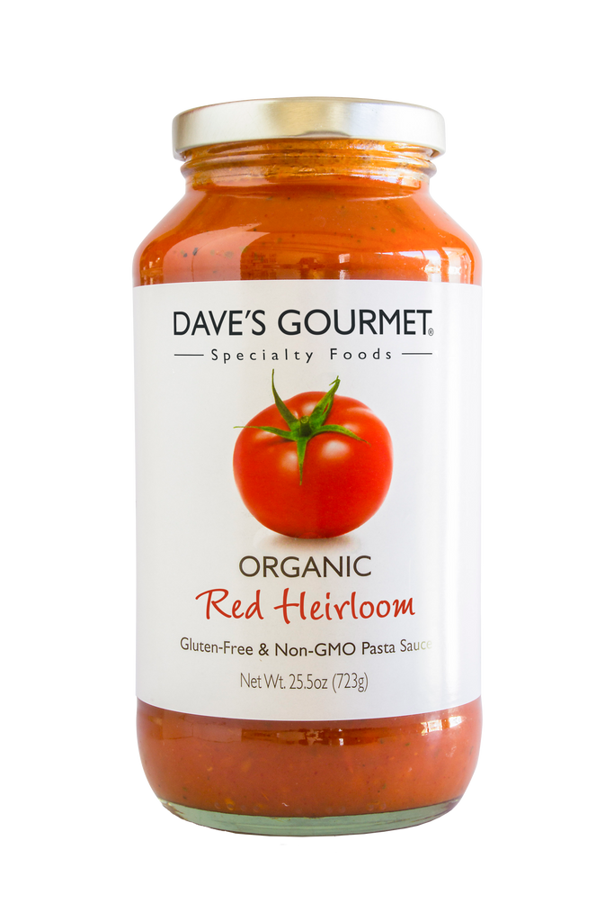 A jar of Dave's Gourmet Red Heirloom Organic Pasta Sauce Net weight 25.5 oz